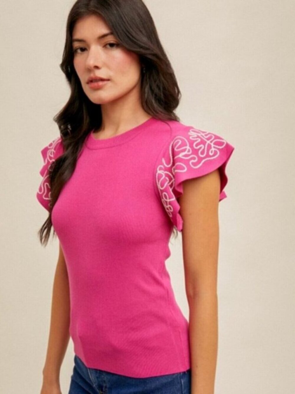 HEM & THREAD Embroidered Ruffle Sleeve Sweater Top Pink Size L NWT - Picture 2 of 4